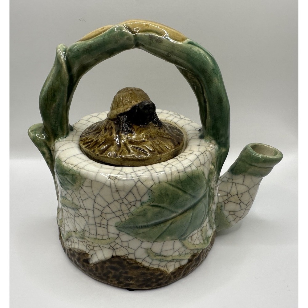 Handmade Clay Teapot Pottery Art Green Brown/Tan Crackle Turtle Lid Vine Handle